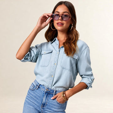 Women's Button-Front Shirt with Flap Chest Pockets, Long Roll-Tab Sleeves, Relaxed Fit