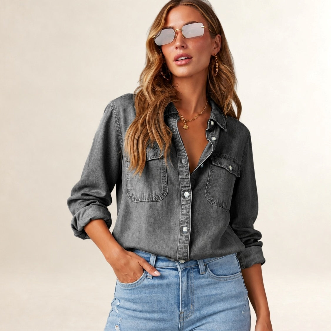 Women's Button-Front Shirt with Flap Chest Pockets, Long Roll-Tab Sleeves, Relaxed Fit