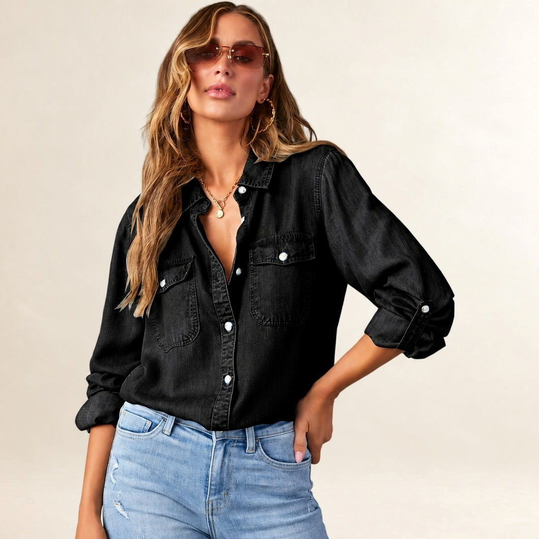 Women's Button-Front Shirt with Flap Chest Pockets, Long Roll-Tab Sleeves, Relaxed Fit