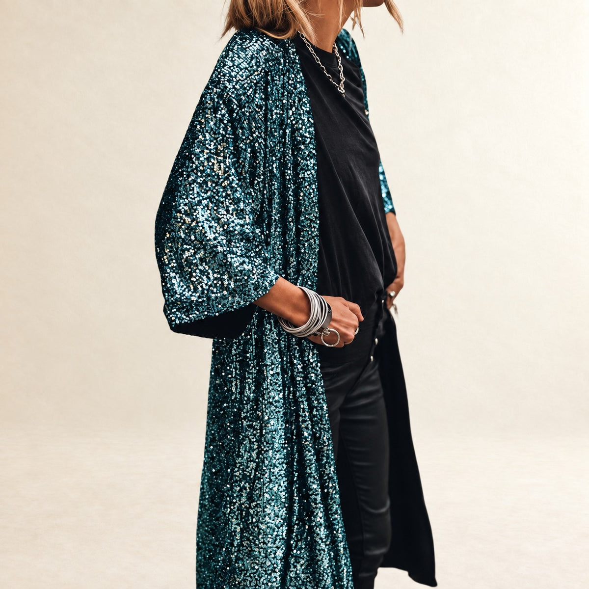 Women's Calf-Length Open-Front Cardigan with Bell Sleeves, Embellished Duster, Relaxed Fit