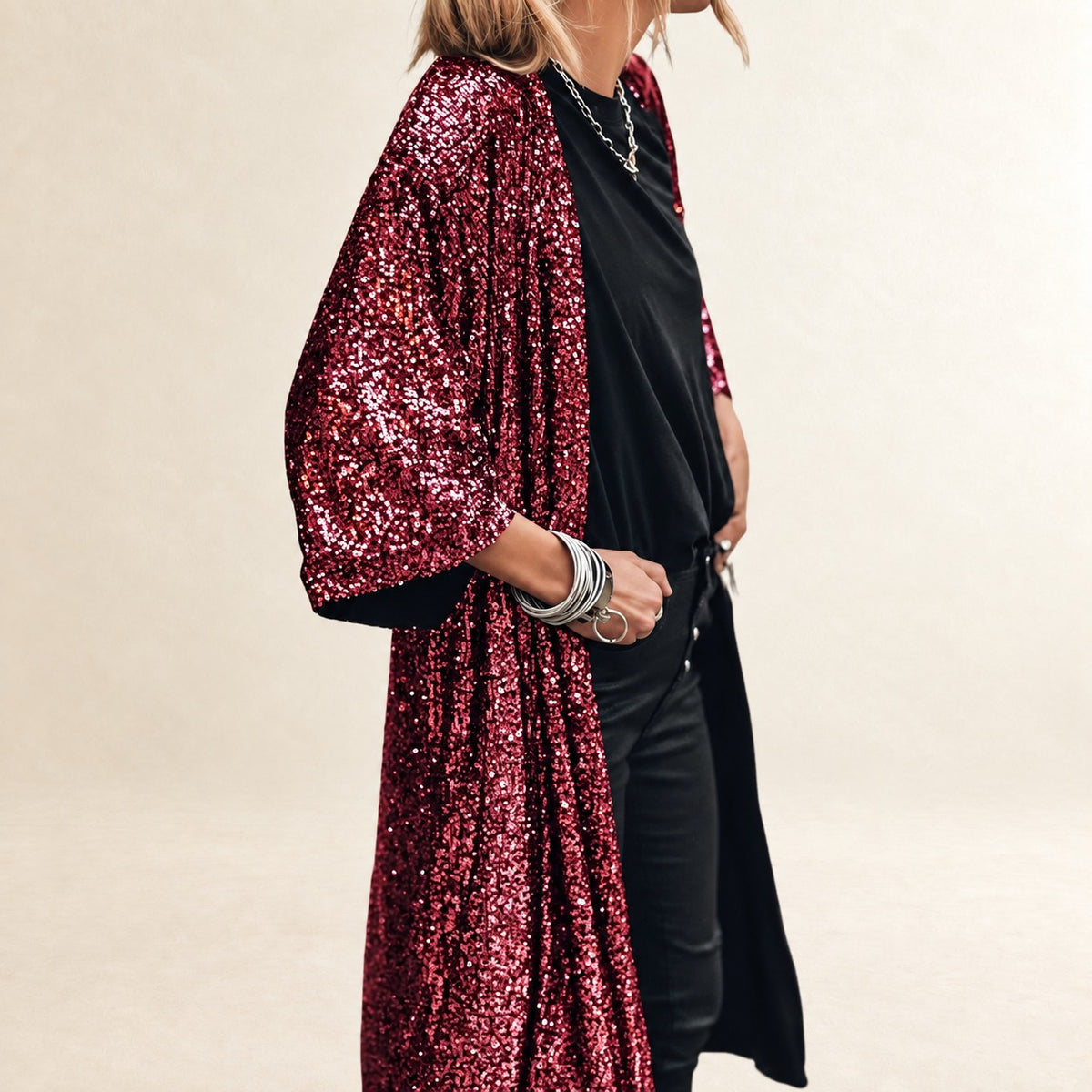 Women's Calf-Length Open-Front Cardigan with Bell Sleeves, Embellished Duster, Relaxed Fit