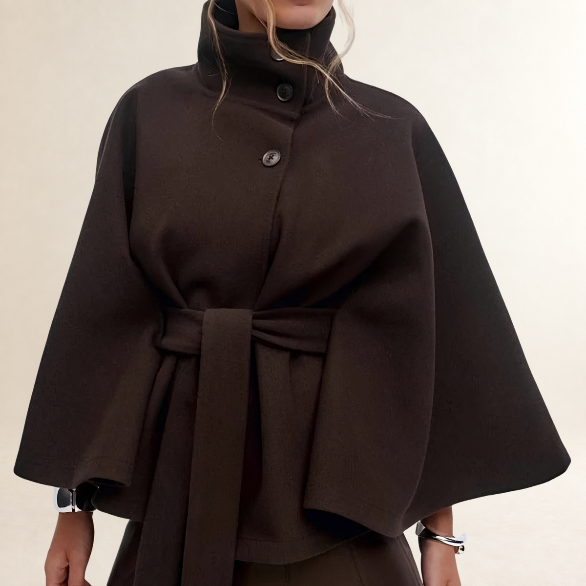 Women's Cape Coat Stand Collar Belted Waist Button-Front Hip-Length with Wide Sleeves