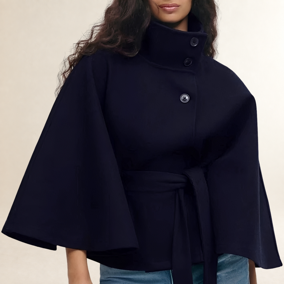 Women's Cape Coat Stand Collar Belted Waist Button-Front Hip-Length with Wide Sleeves