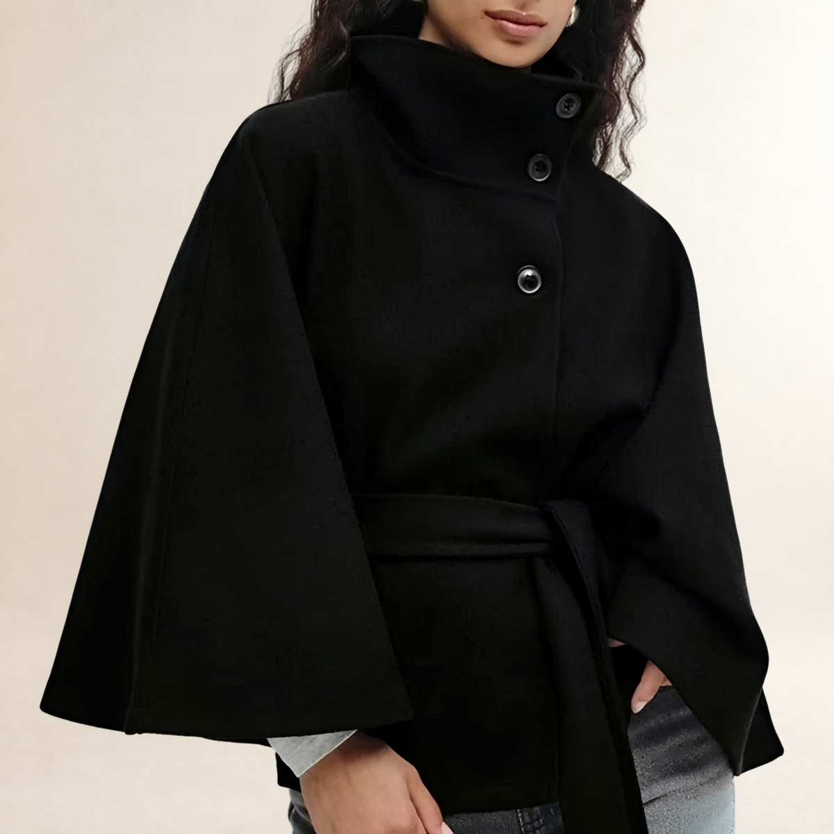 Women's Cape Coat Stand Collar Belted Waist Button-Front Hip-Length with Wide Sleeves