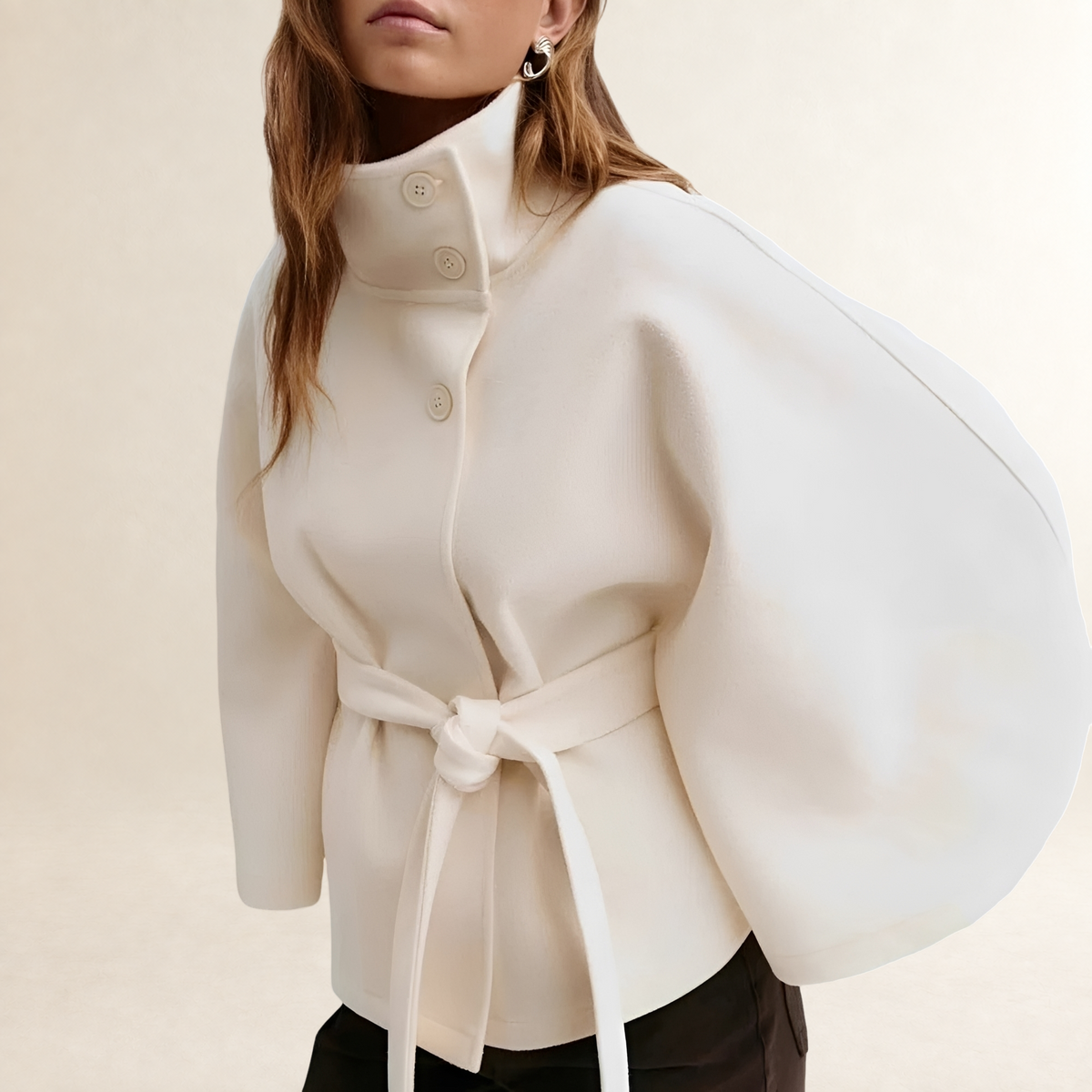 Women's Cape Coat Stand Collar Belted Waist Button-Front Hip-Length with Wide Sleeves