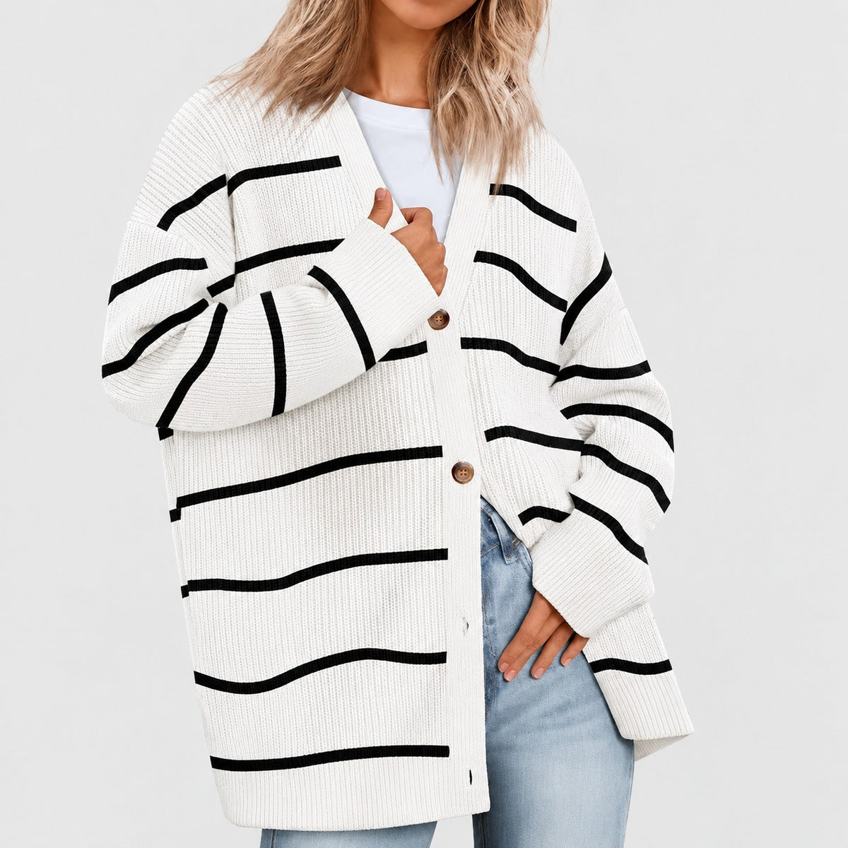 Women's Cardigan - V-Neck with Button Closure and Oversized Fit