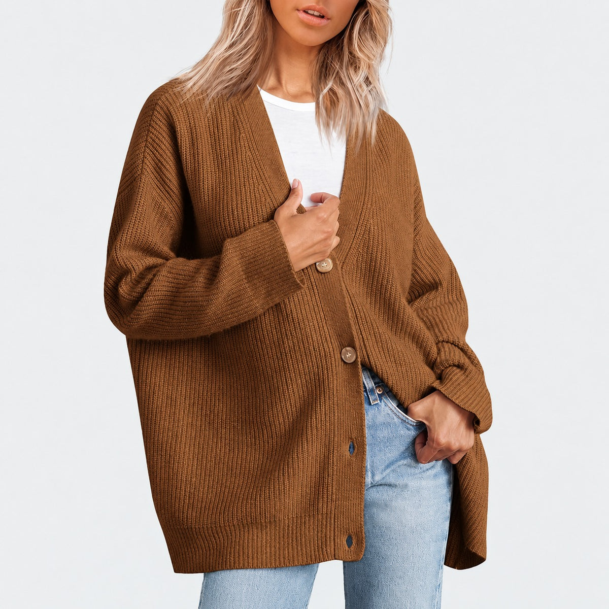 Women's Cardigan - V-Neck with Button Closure and Oversized Fit