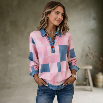 Women's Collared Blouse Large Block Check Print, Partial Button Placket, Long Sleeve Relaxed Fit, Contrast Trim