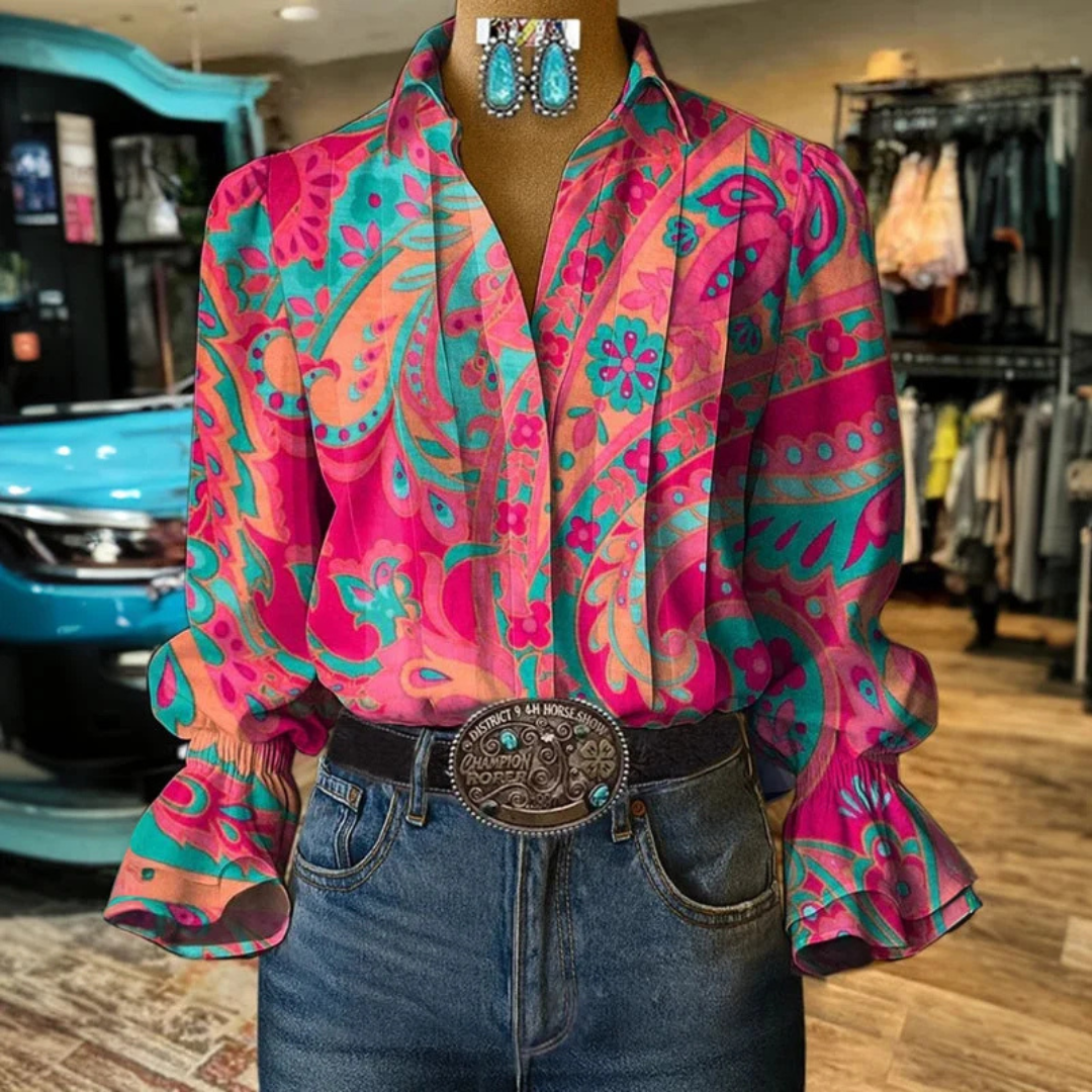 Women's Collared Long-Sleeve Blouse, Relaxed Fit, Floral Paisley Print, Gathered Ruffle Cuffs