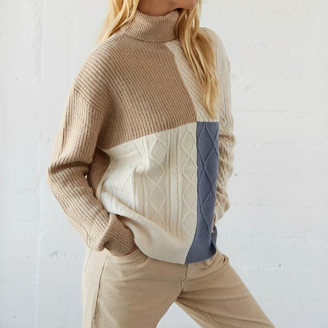 Women's Colorblock Turtleneck Sweater - Relaxed Fit Long-Sleeve Pullover