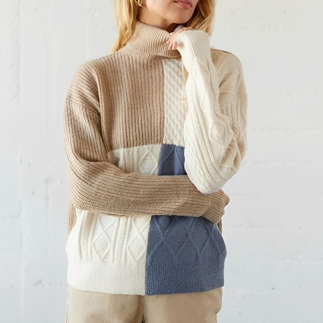 Women's Colorblock Turtleneck Sweater - Relaxed Fit Long-Sleeve Pullover