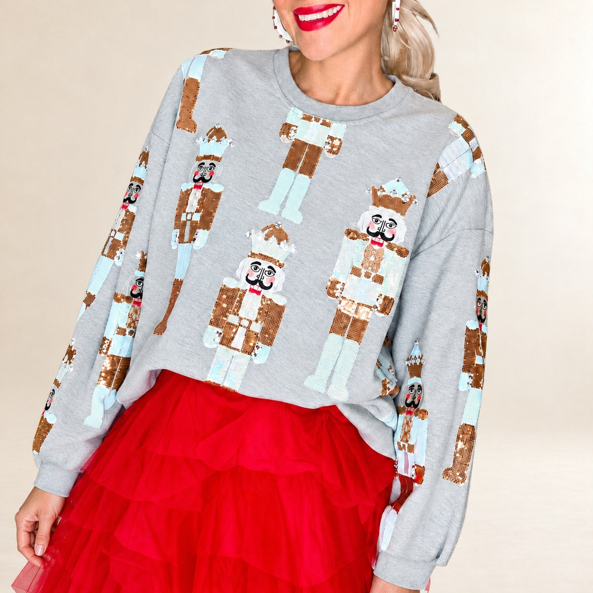 Women's Crewneck Sweatshirt with Allover Sequin Nutcracker Print, Long Sleeve Loose Fit