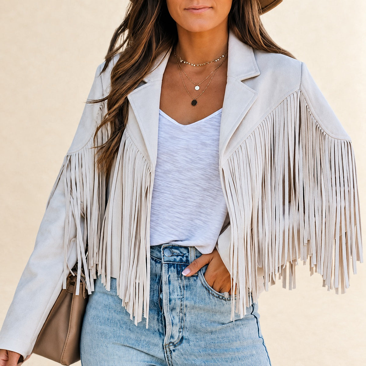 Women's Cropped Fringe Jacket with Lapel Collar, Long Sleeves, Regular Fit