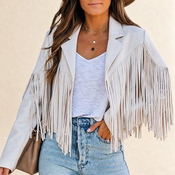 Women's Cropped Fringe Jacket with Lapel Collar, Long Sleeves, Regular Fit