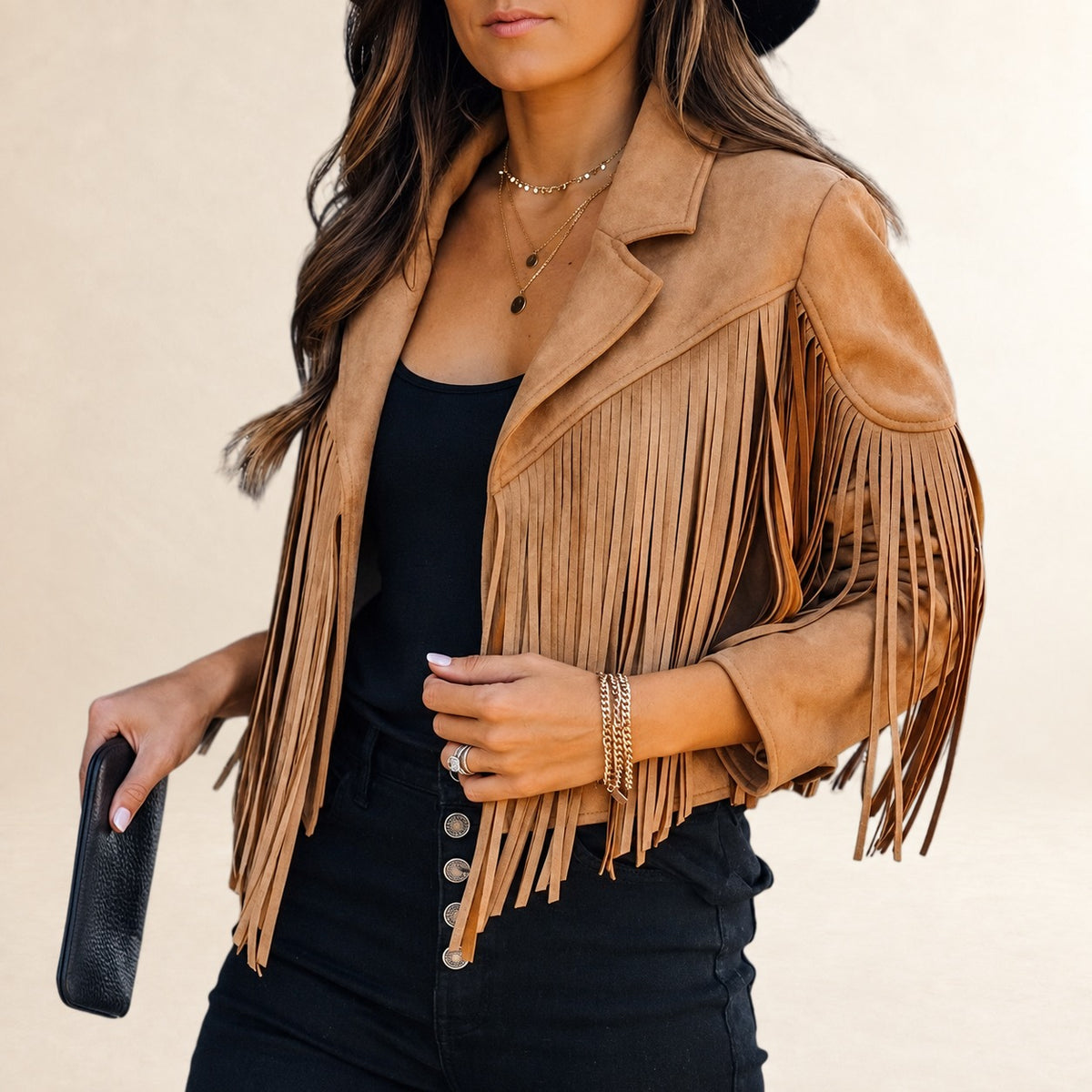 Women's Cropped Fringe Jacket with Lapel Collar, Long Sleeves, Regular Fit