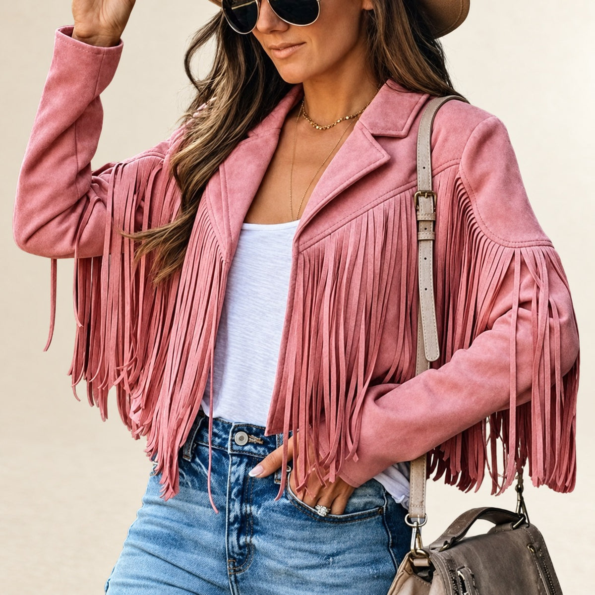 Women's Cropped Fringe Jacket with Lapel Collar, Long Sleeves, Regular Fit
