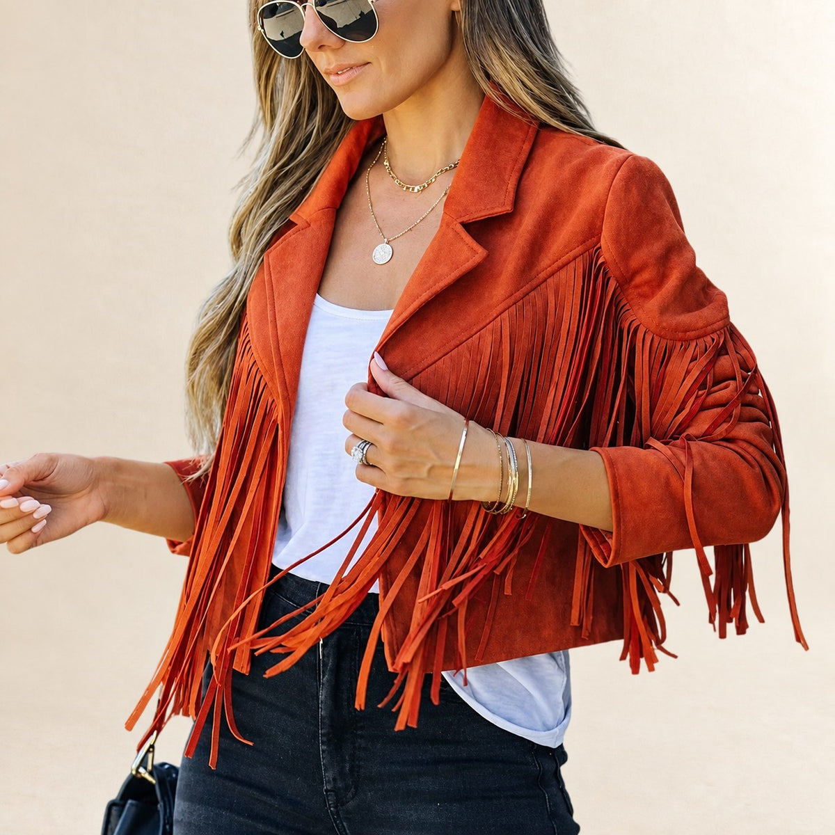 Women's Cropped Fringe Jacket with Lapel Collar, Long Sleeves, Regular Fit