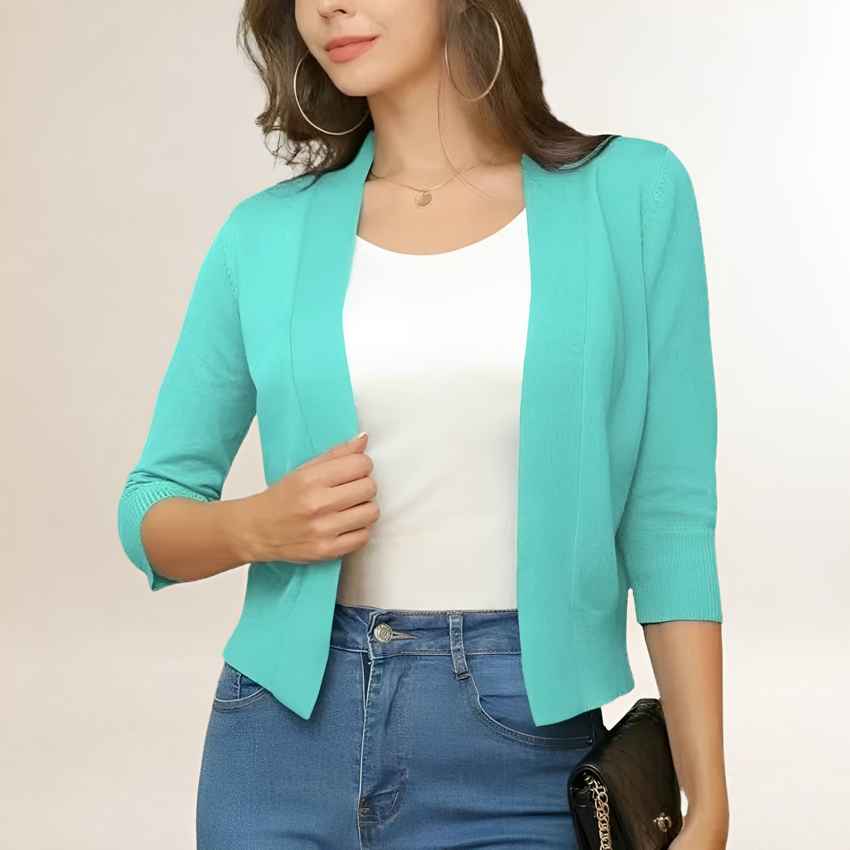 Women's cropped open-front blazer, collarless, 3/4 sleeve