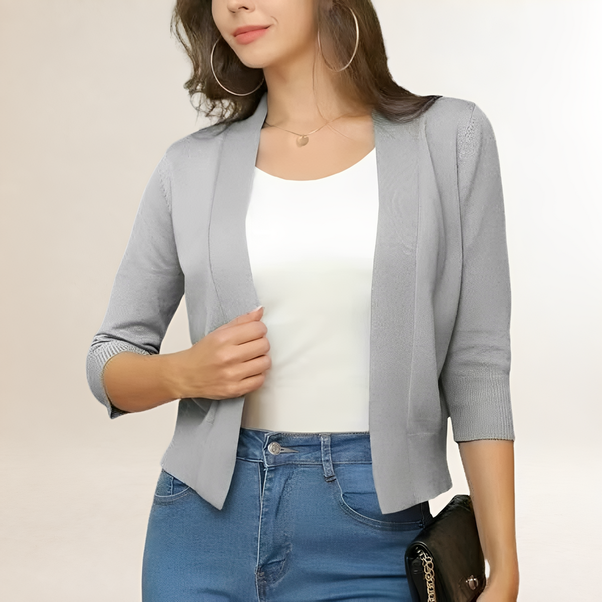 Women's cropped open-front blazer, collarless, 3/4 sleeve