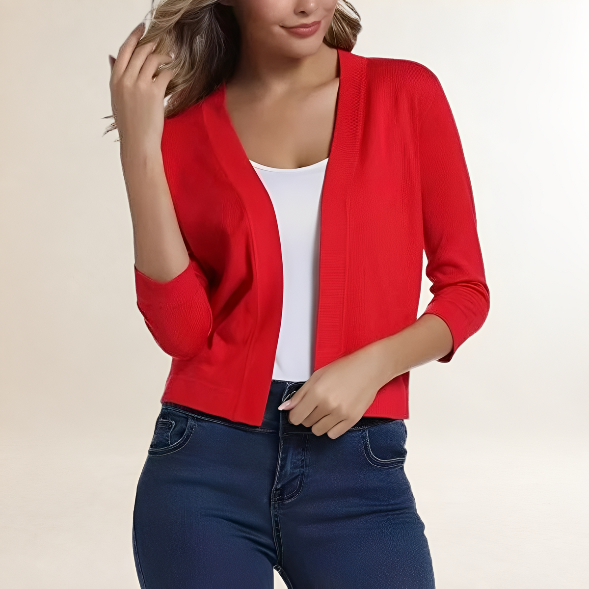 Women's cropped open-front blazer, collarless, 3/4 sleeve