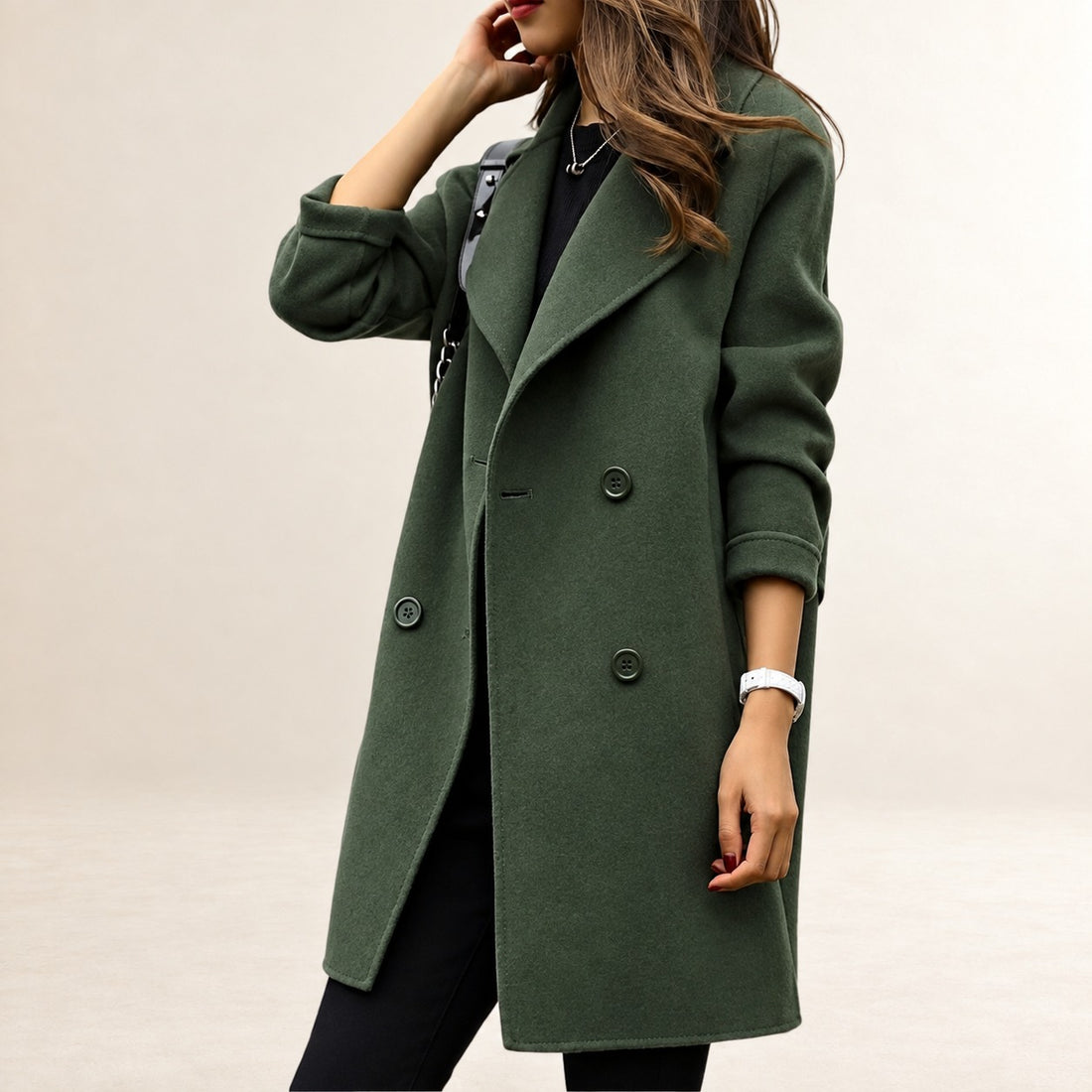 Women's Double-Breasted Coat - Classic Lapel, Tailored Fit, Mid-Length