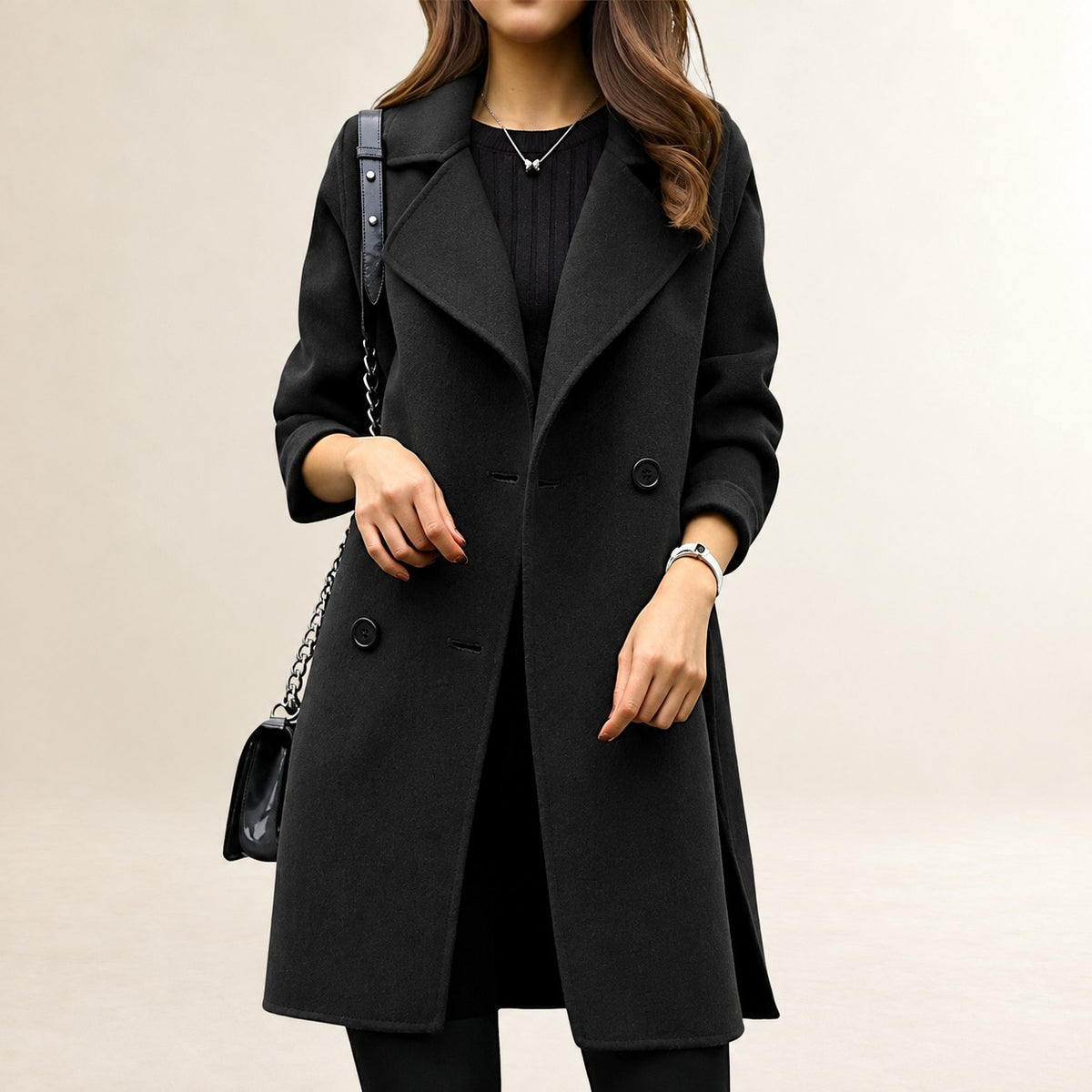 Women's Double-Breasted Coat - Classic Lapel, Tailored Fit, Mid-Length