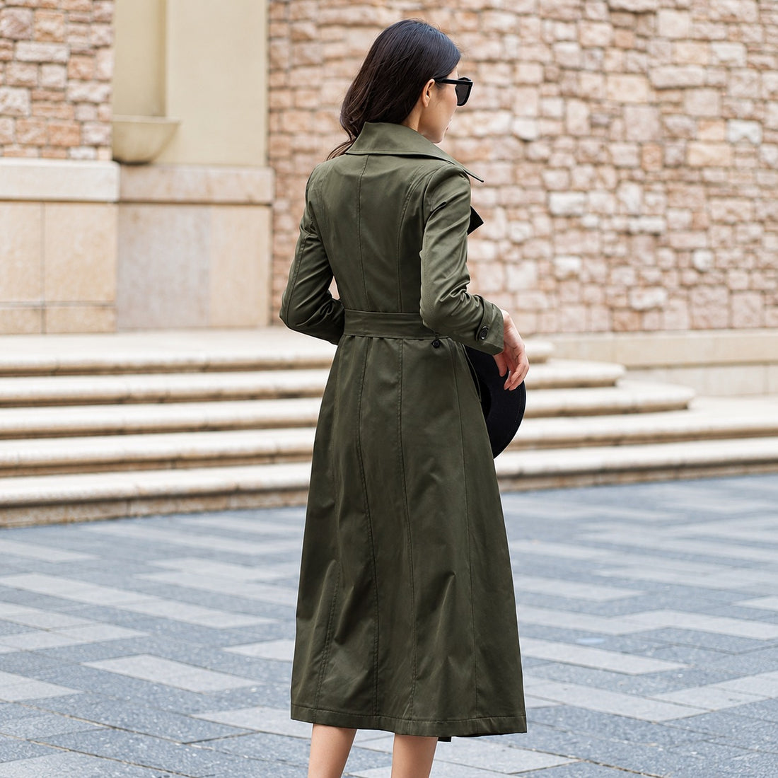Women's Double Breasted Long Trench Coat - Belted, Maxi Length, Notch Lapel