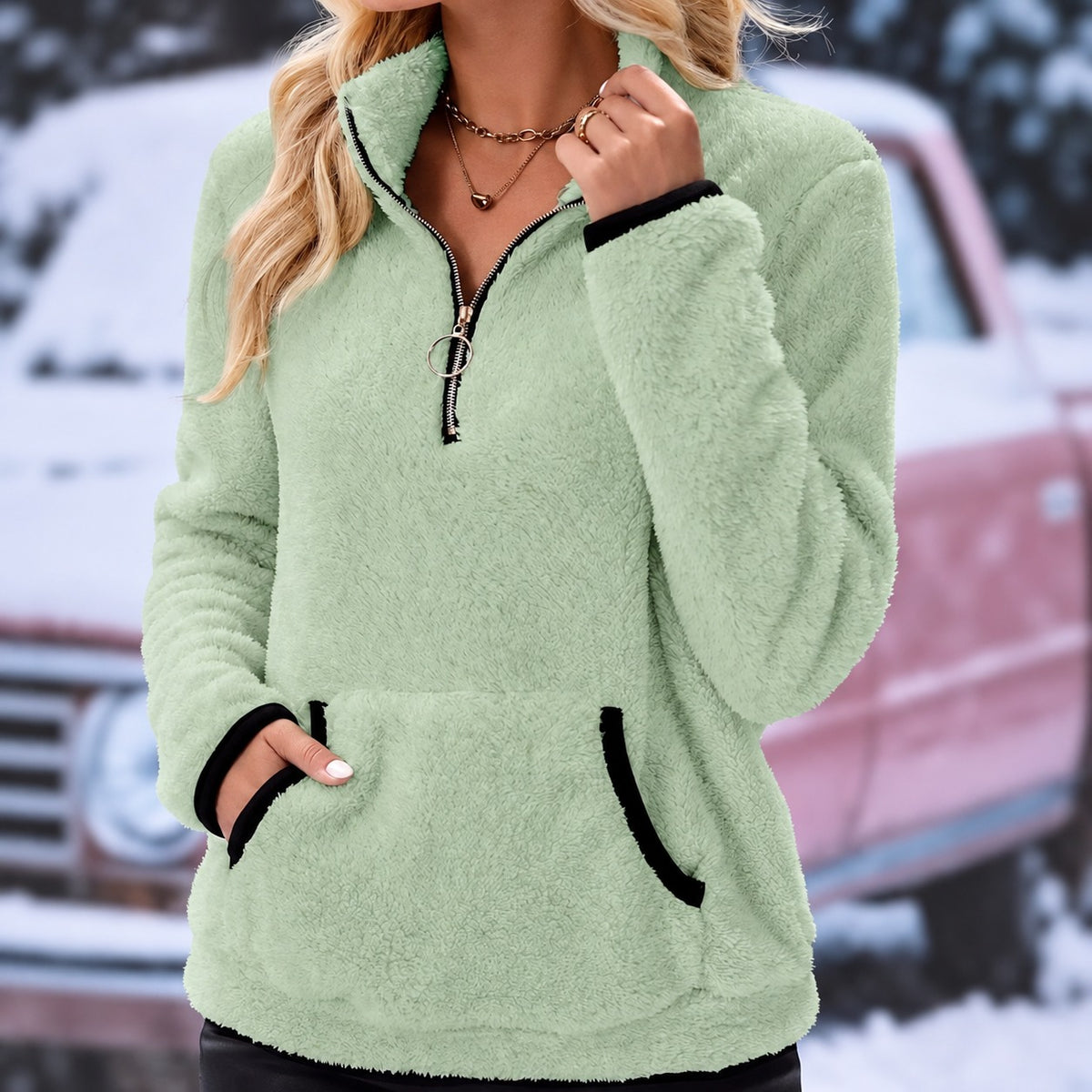 Women's Half-Zip Pullover Sweater - Kangaroo Pocket, Long Sleeve, Relaxed Fit
