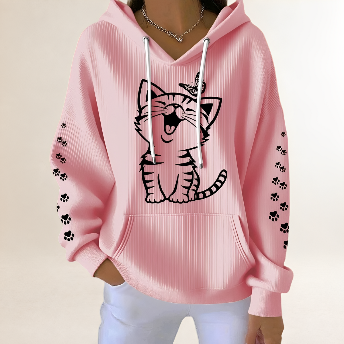 Women's hoodie with cat graphic and paw-print sleeves, drawstring hood, kangaroo pocket, relaxed fit