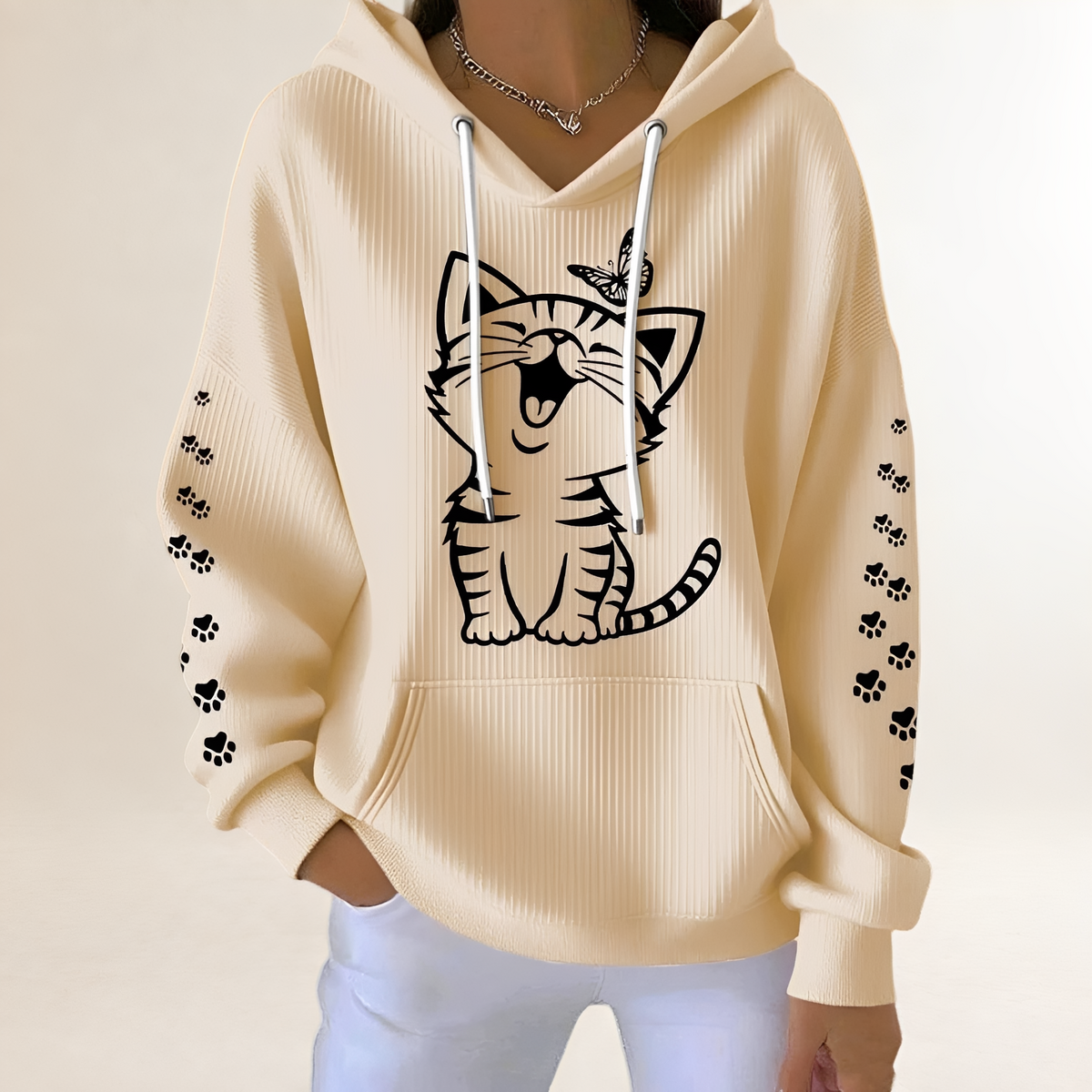 Women's hoodie with cat graphic and paw-print sleeves, drawstring hood, kangaroo pocket, relaxed fit