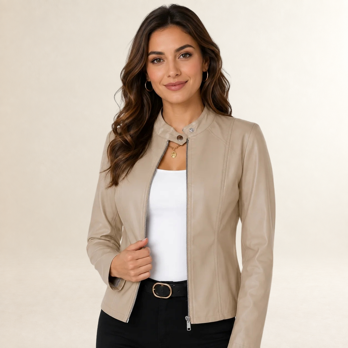 Women's Jacket Biker Style with Stand-Up Collar and Zip Front - Structured Fit
