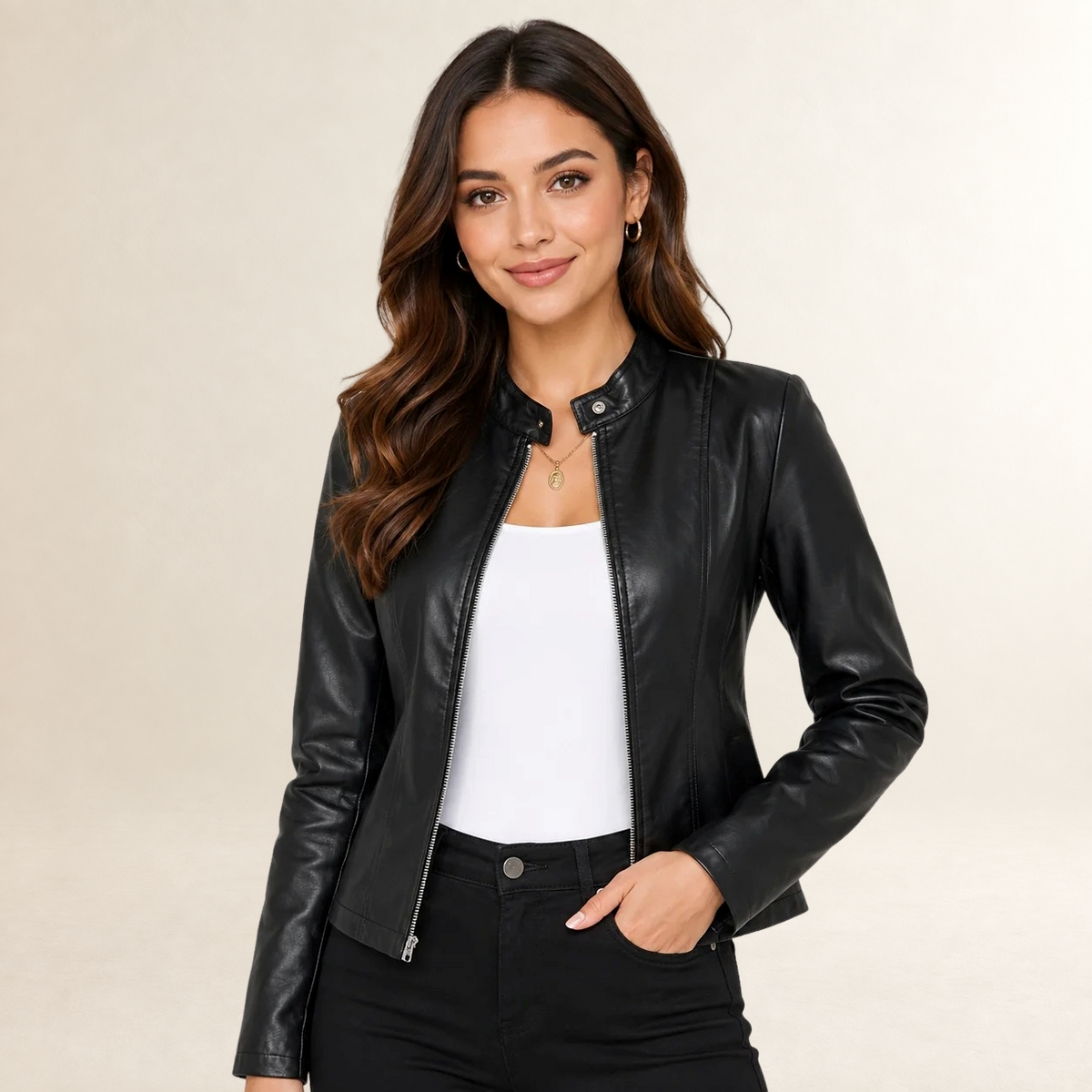 Women's Jacket Biker Style with Stand-Up Collar and Zip Front - Structured Fit