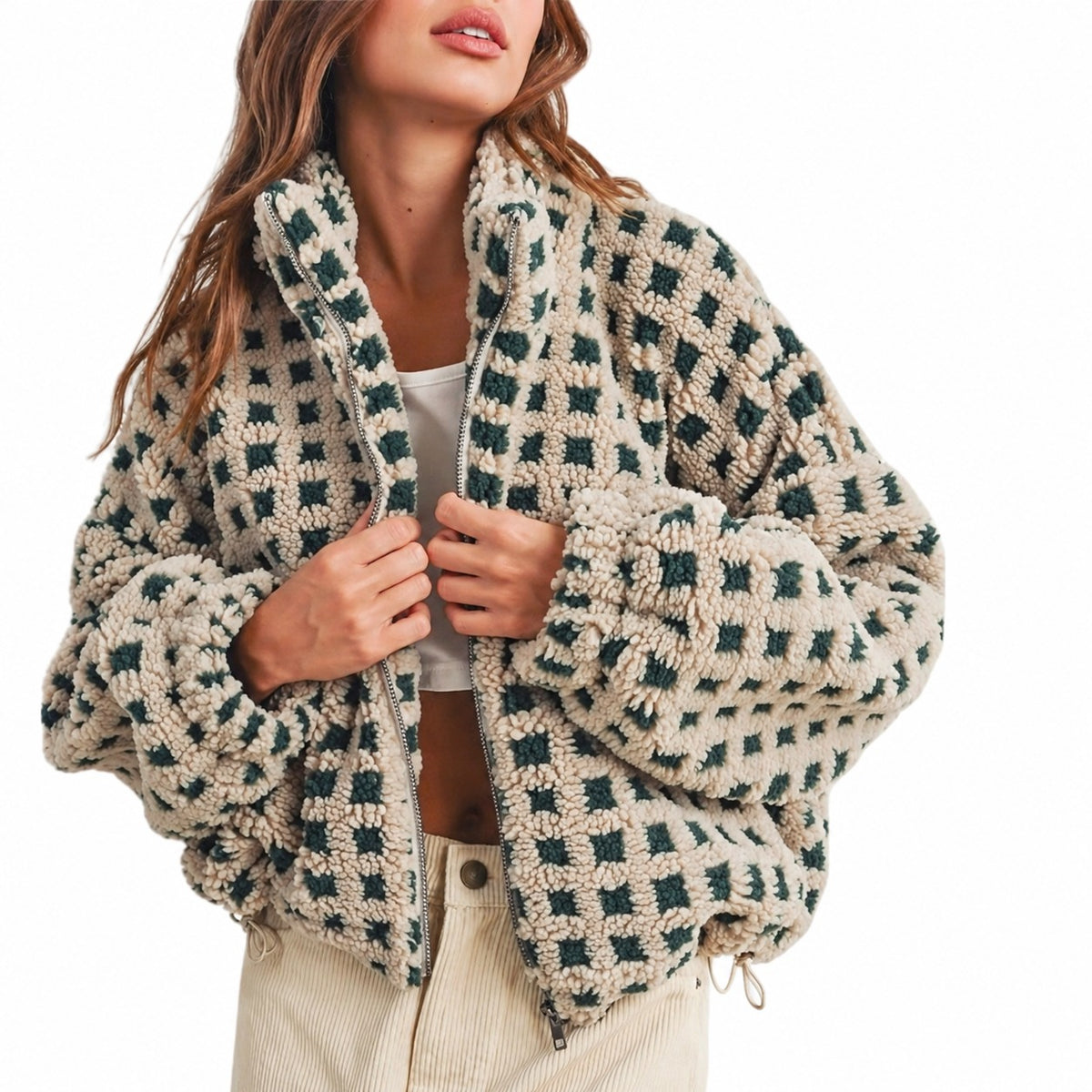 Women's Jacket - Full-Zip, Oversized Fit, Checkered Design