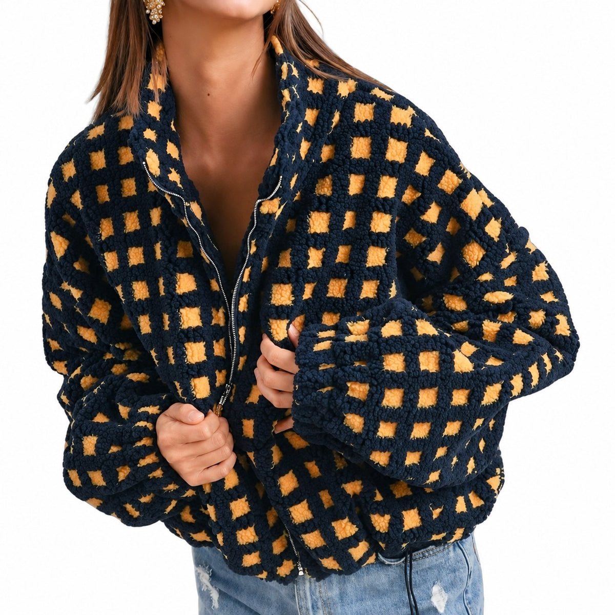Women's Jacket - Full-Zip, Oversized Fit, Checkered Design