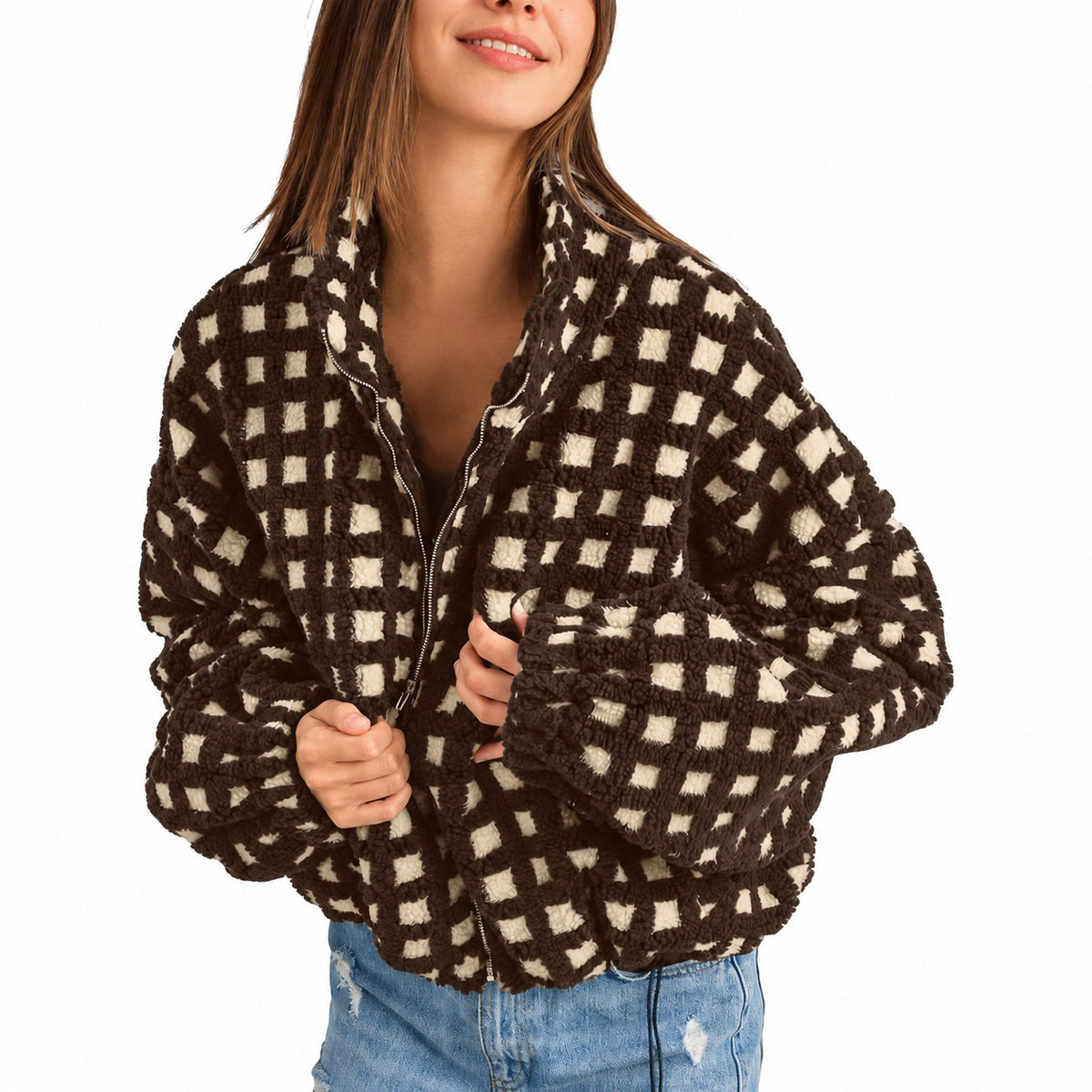 Women's Jacket - Full-Zip, Oversized Fit, Checkered Design