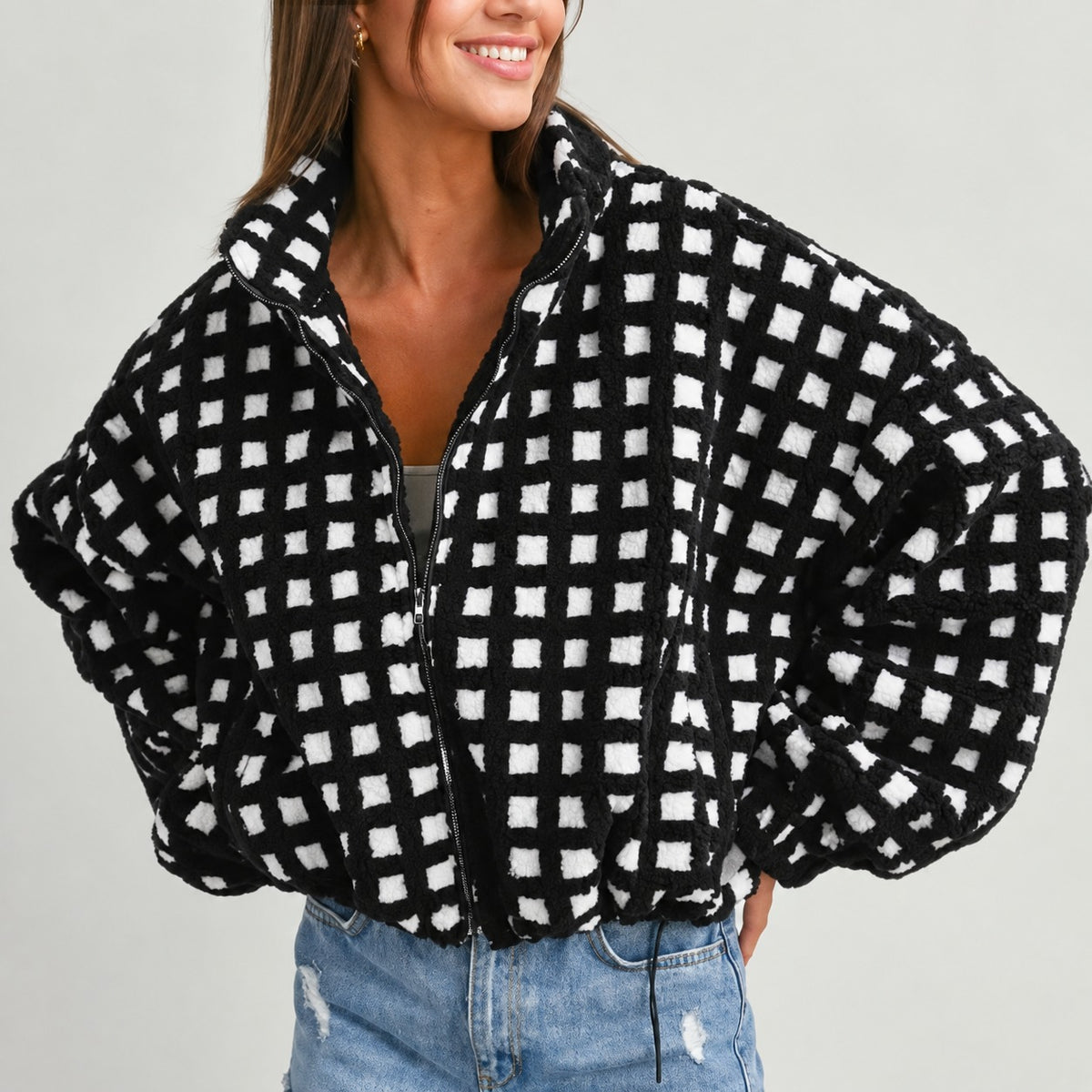 Women's Jacket - Full-Zip, Oversized Fit, Checkered Design