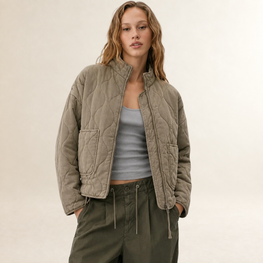 Women's Jacket Quilted with High Collar and Patch Pockets - Relaxed Fit