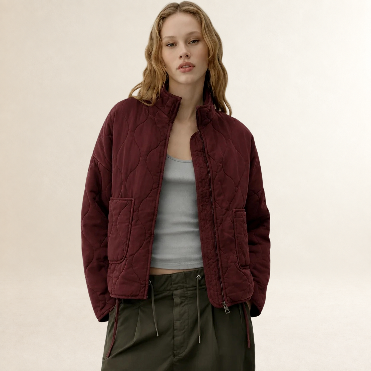 Women's Jacket Quilted with High Collar and Patch Pockets - Relaxed Fit