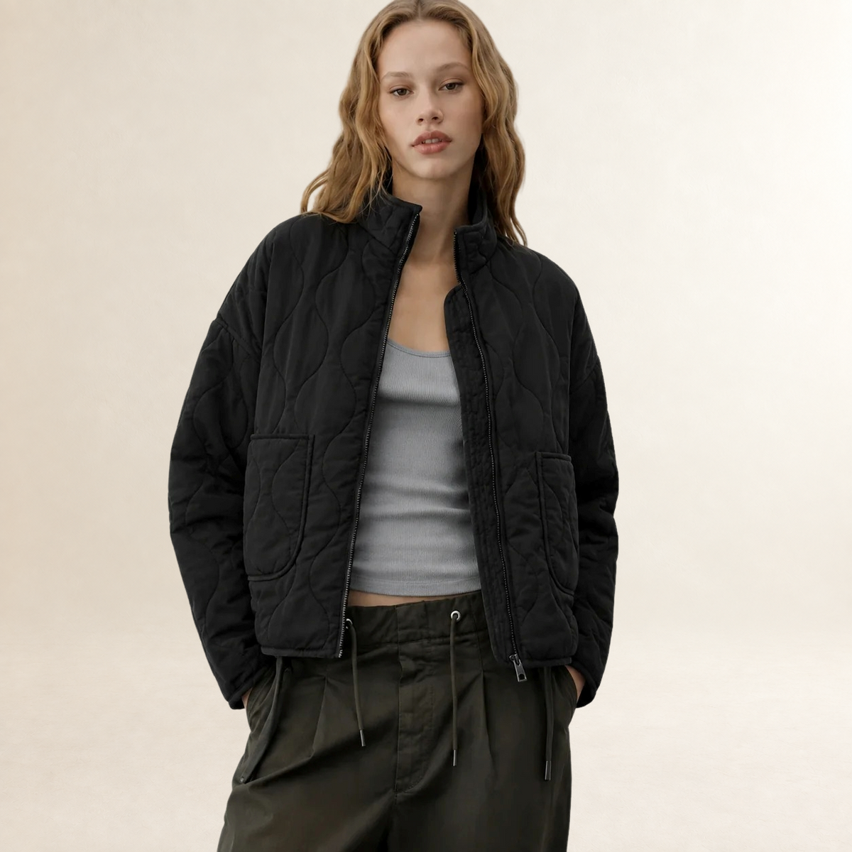 Women's Jacket Quilted with High Collar and Patch Pockets - Relaxed Fit