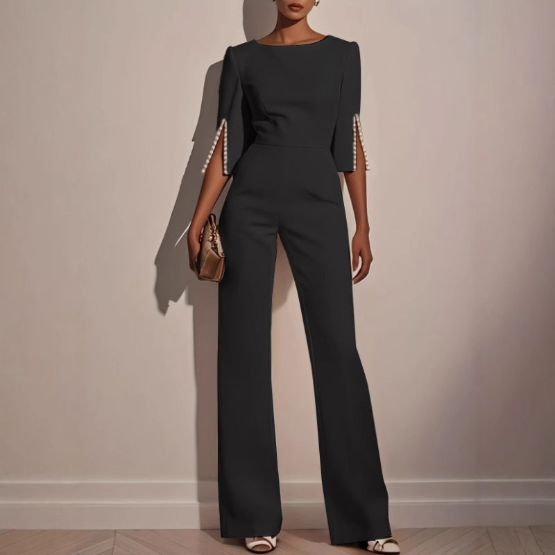 Women's Jumpsuit Sculpted Fit Pearl Detail Flared Leg