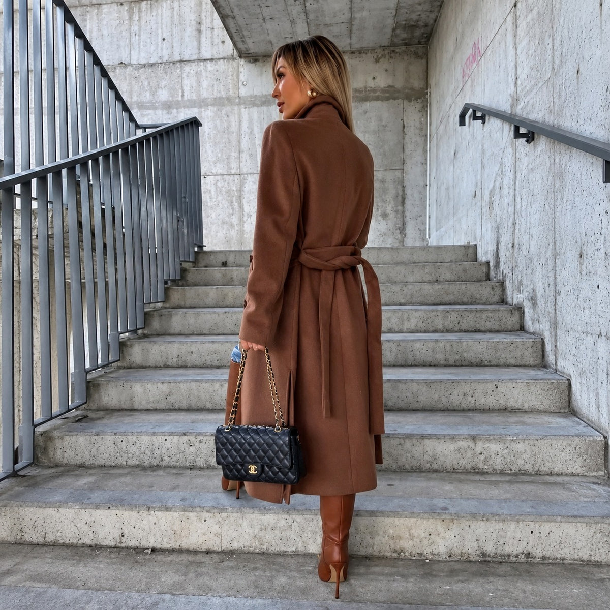 Women's Long Coat - Double-Breasted, Belted Design, Tailored Fit