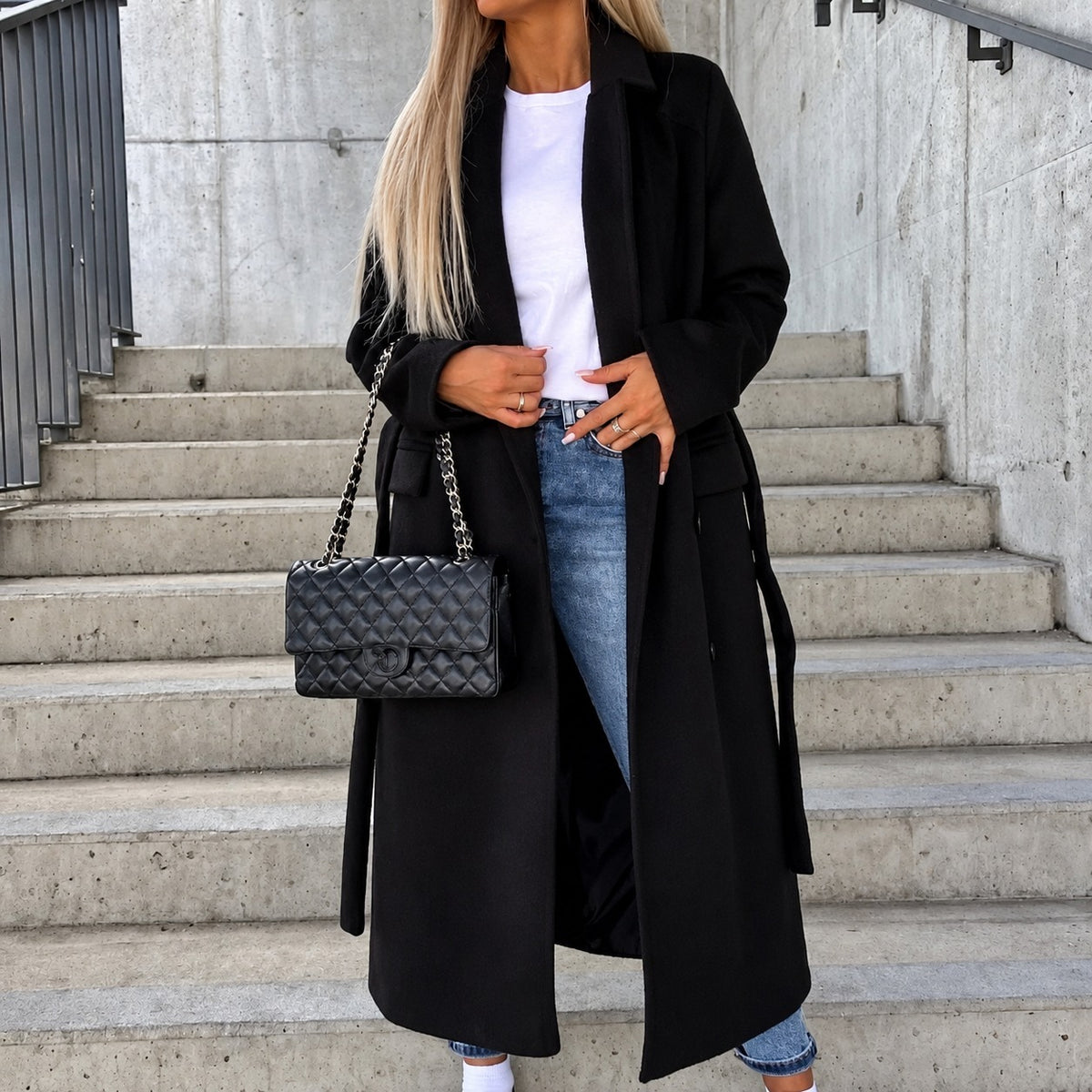 Women's Long Coat - Double-Breasted, Belted Design, Tailored Fit