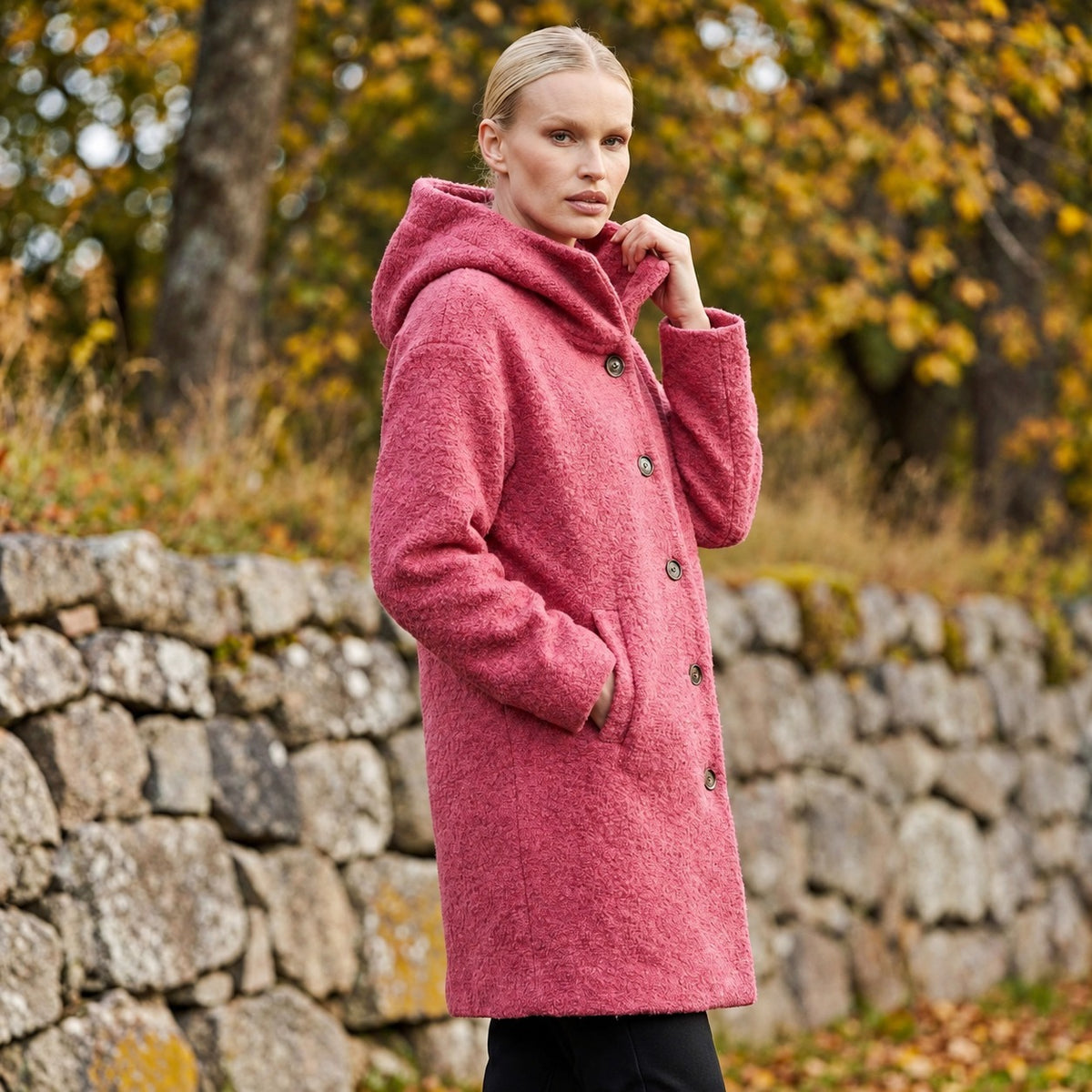 Women’s Long Coat with Hood and Button Closure - Relaxed Fit