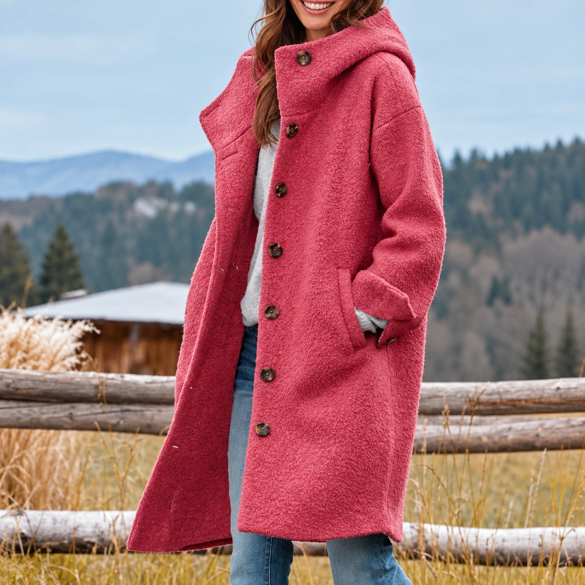 Women’s Long Coat with Hood and Button Closure - Relaxed Fit