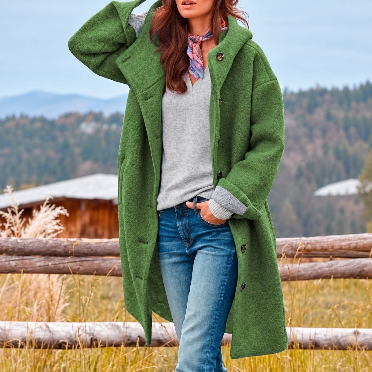 Women’s Long Coat with Hood and Button Closure - Relaxed Fit