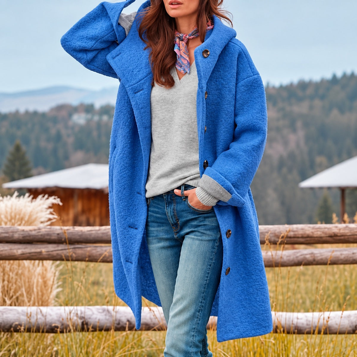 Women’s Long Coat with Hood and Button Closure - Relaxed Fit