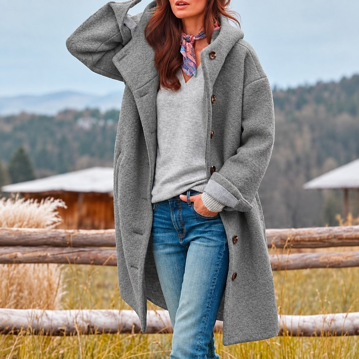 Women’s Long Coat with Hood and Button Closure - Relaxed Fit