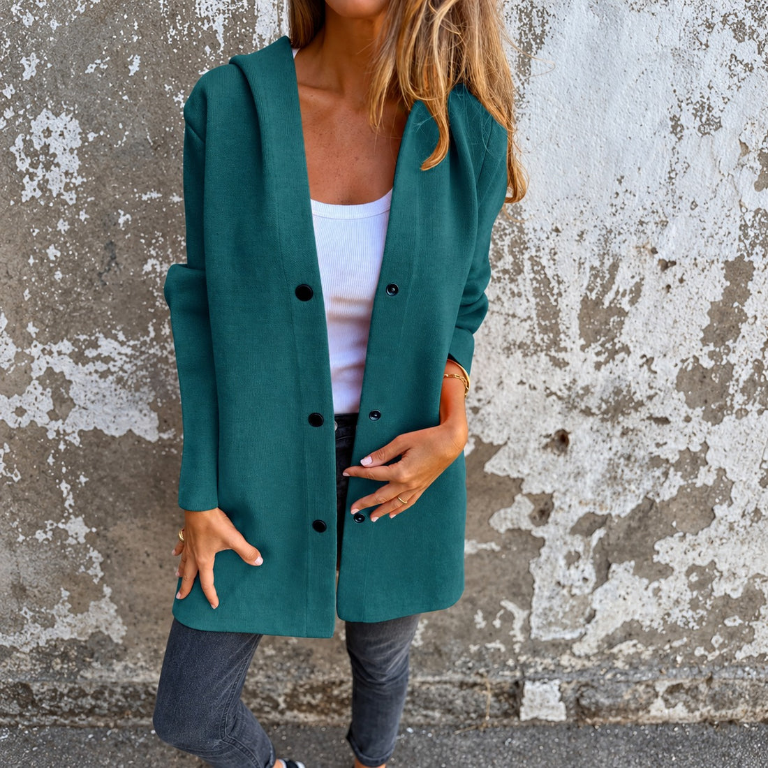 Women’s Long Hooded Jacket - Button Closure, Relaxed Fit, Versatile Design