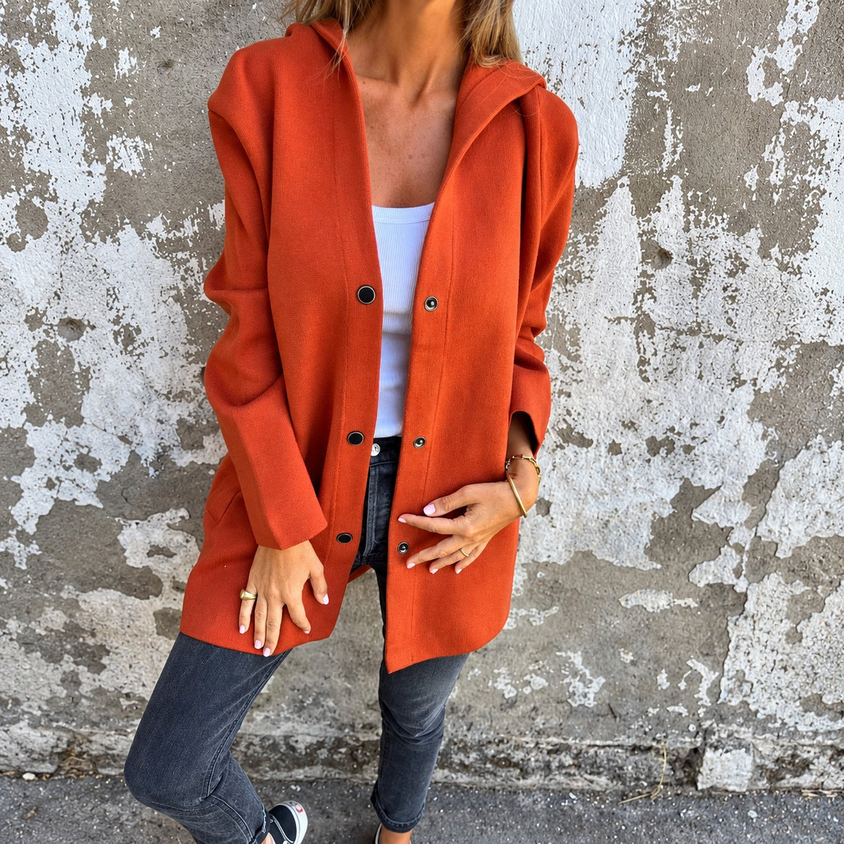 Women’s Long Hooded Jacket - Button Closure, Relaxed Fit, Versatile Design