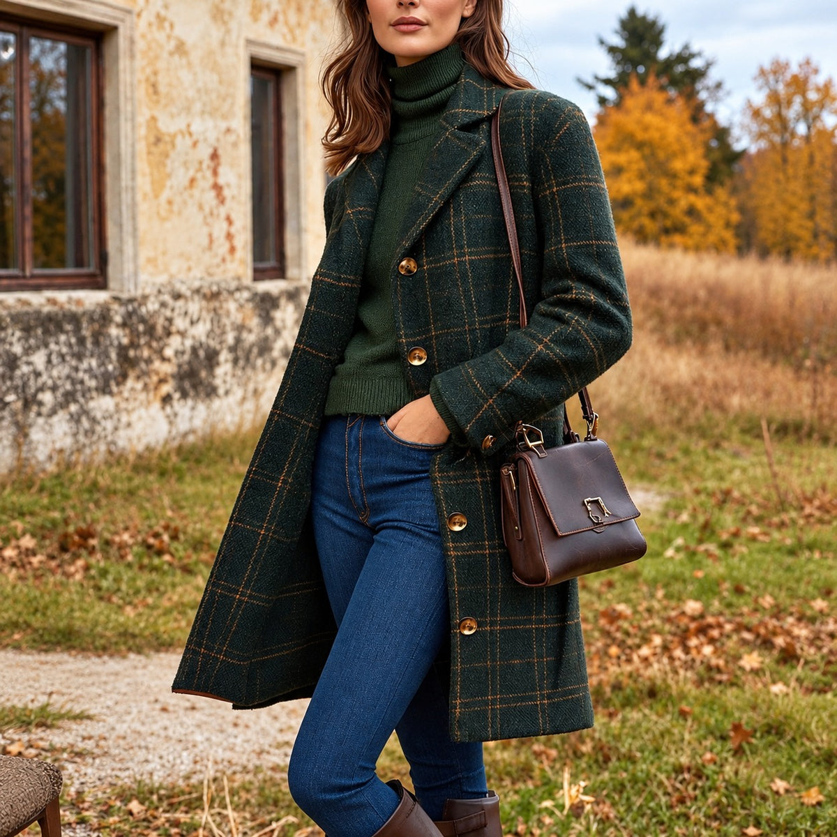 Women's Long Plaid Coat Single-Breasted Button-Front, Notched Lapel, Tailored Longline with Side Pockets